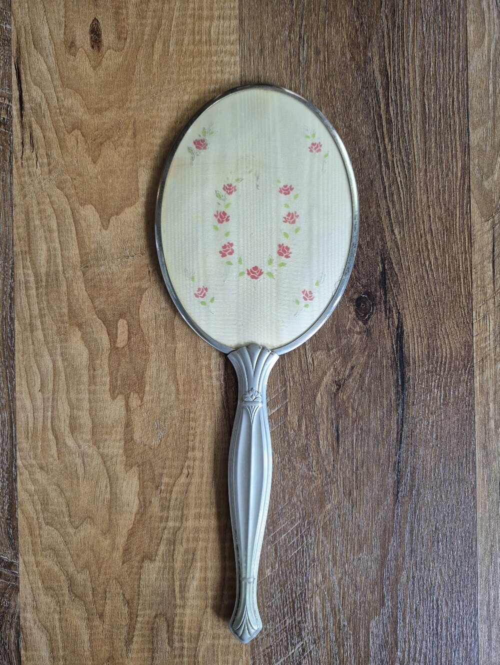 Vintage Floral Oval Hand Mirror in Silver and Cream